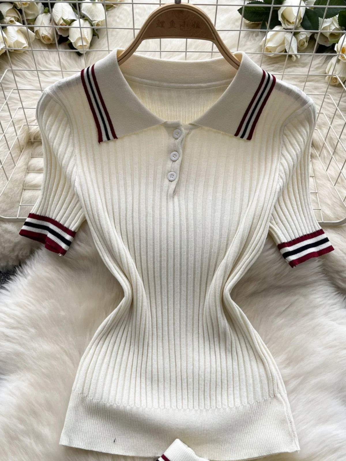 Summer Beige Stripe Short Sleeve Button Knitted Tops + High Waist Pleated Mini Skirt Women College Style Sexy Two-piece Set Chic