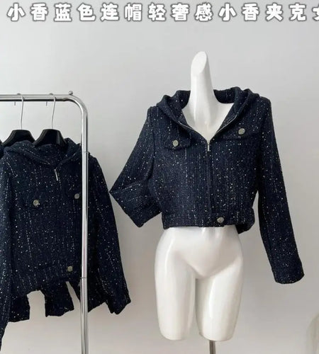 Autumn Winter Women New Blue Long Sleeve Short Coat Vintage French Fashion Elegant Hooded Lady Vacation Zipper Jacket Simplicity