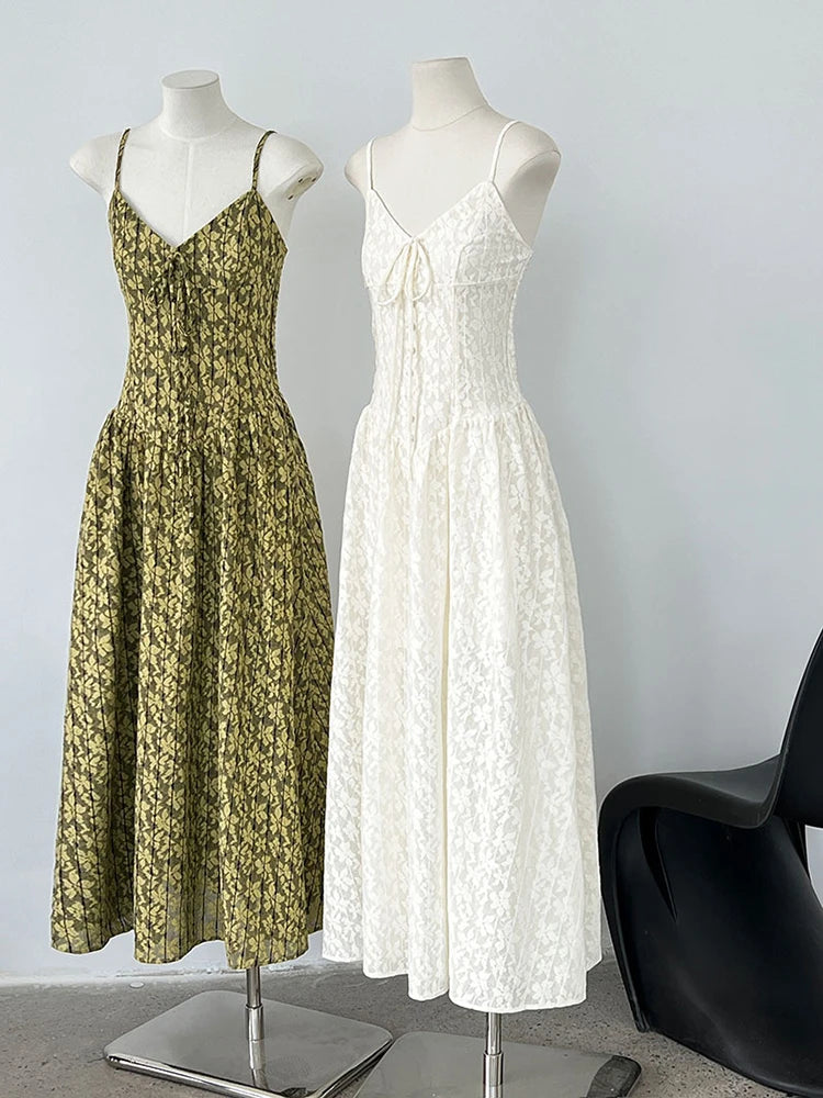 Women Green Printed Bandage Long Spaghetti Strap Dress New V-Neck Sleeveless Fashion Tide Spring Summer 2025 1DJ1311