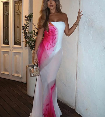 Mesh Floral Print Sexy Maxi Dress For Women Gown Off-shoulder Strapless Sleeveless Backless Bodycon Club Long Dress