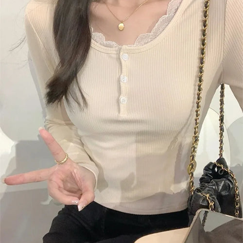 Load image into Gallery viewer, Fake Two Pieces Sweet Lace Patchwork Women T-shirt Slim Y2k Aesthetic Bottoming Crop Top Harajuku Single Breasted Grunge Tees
