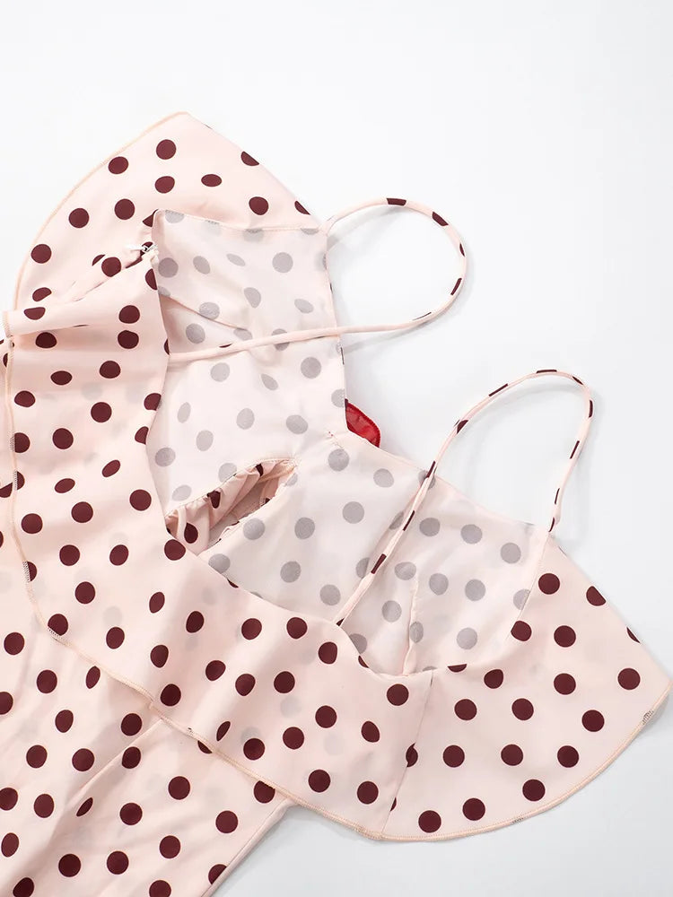 Rose Polka Dot Maxi Dress For Women Gown Spaghetti Strap Off-shoulder Sleeveless Backless Elegant Evening Club Dress