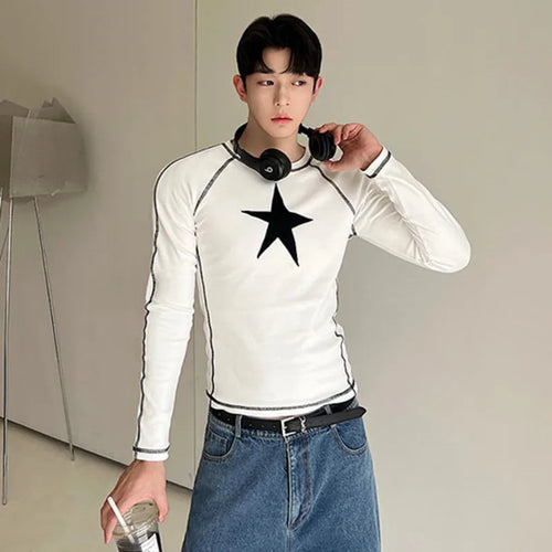 Load image into Gallery viewer, Men&#39;s T-shirt Fashion Pullover Long Sleeve T-shirt Round Collar Contrast Color Geometric Patter Pathchwork Male Top 9A8650
