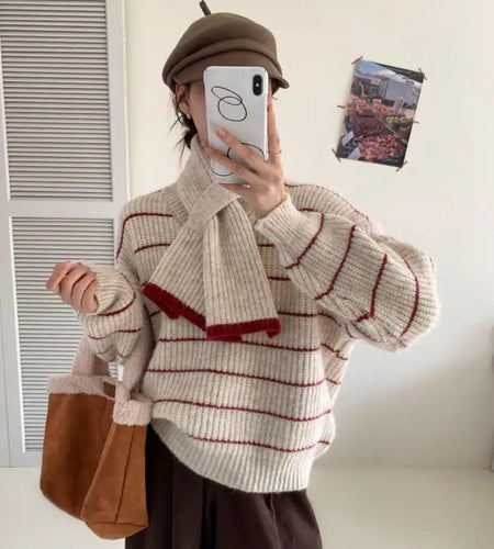 Korean Vintage Striped Long Sleeve Versatile Sweater Autumn Winter Women Short Loose Pullover Knit Tops And Scarf Casual Popular