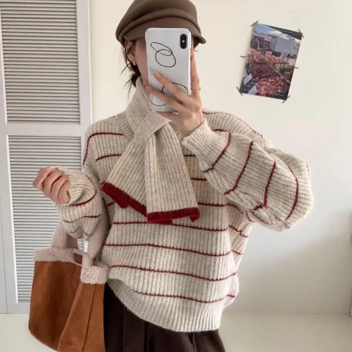Load image into Gallery viewer, Korean Vintage Striped Long Sleeve Versatile Sweater Autumn Winter Women Short Loose Pullover Knit Tops And Scarf Casual Popular
