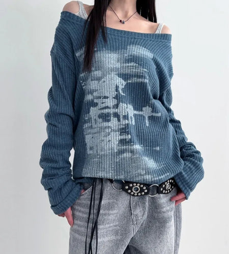 Autumn Harajuku Women Printing Tees Vintage Streetwear Grunge Skew Collar Tops Y2k Aesthetic Loose Casual Hiphop Vintage Tops