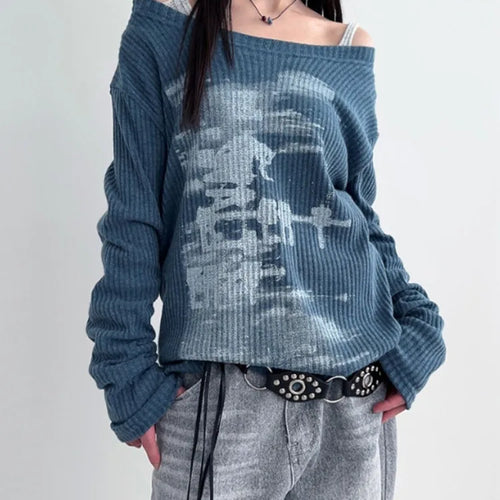 Load image into Gallery viewer, Autumn Harajuku Women Printing Tees Vintage Streetwear Grunge Skew Collar Tops Y2k Aesthetic Loose Casual Hiphop Vintage Tops
