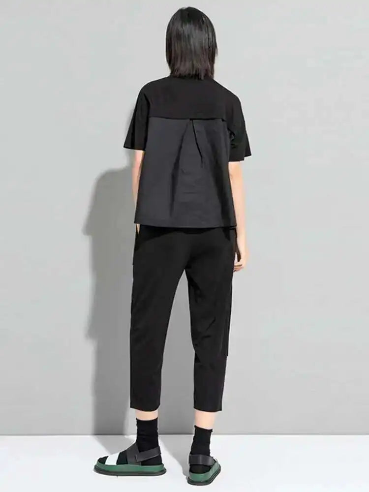 Women Black Zipper Pockets Casual Big Size T-shirt New Round Neck Short Sleeve Fashion Tide Spring Summer 2025 1DF5303