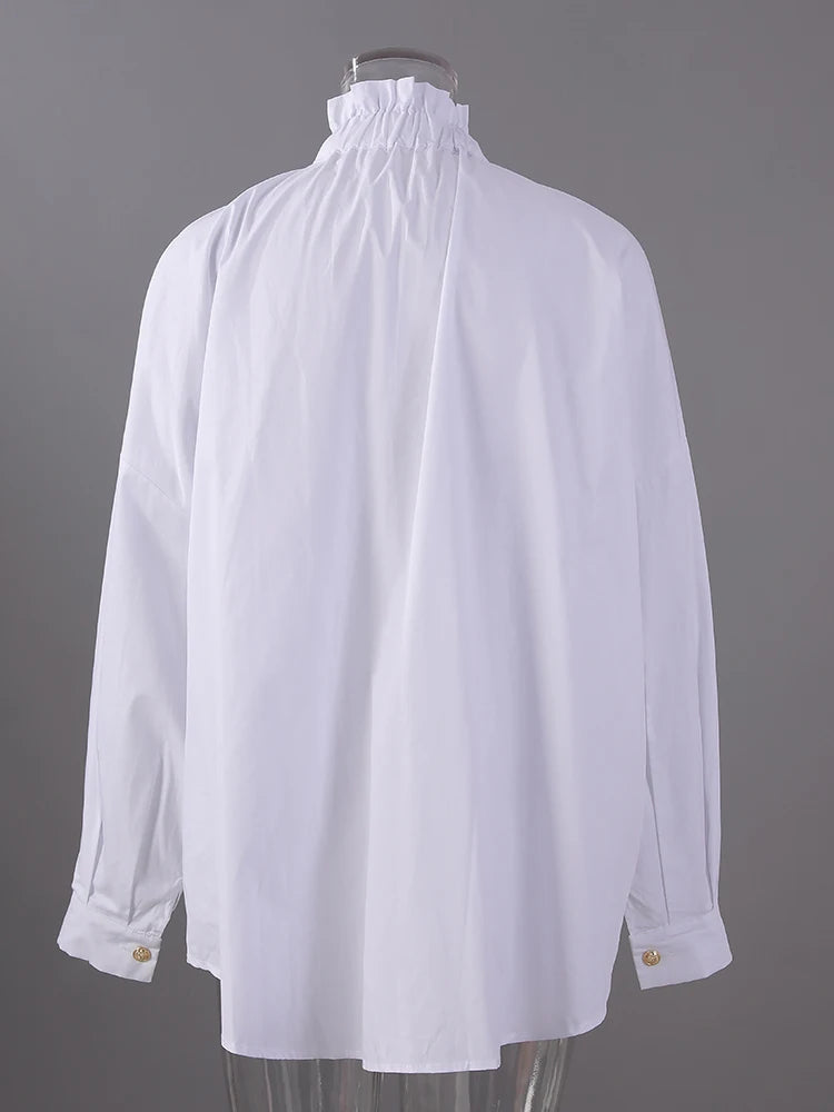 Women Big Size Button Decoration Blouse New Stand Collar Long Sleeve Loose Fit Shirt Fashion Spring Autumn 2025 1DD3478