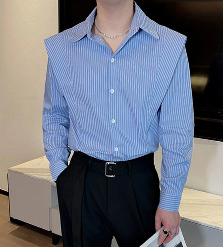 Men's Long Sleeved Shirts Spring Korean Striped Casual Design Male Turn-down Collar Fake Two-piece Patchwork Shirt 9W1416