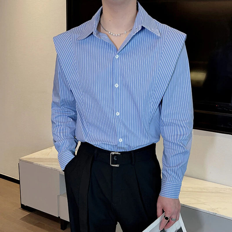 Men's Long Sleeved Shirts Spring Korean Striped Casual Design Male Turn-down Collar Fake Two-piece Patchwork Shirt 9W1416