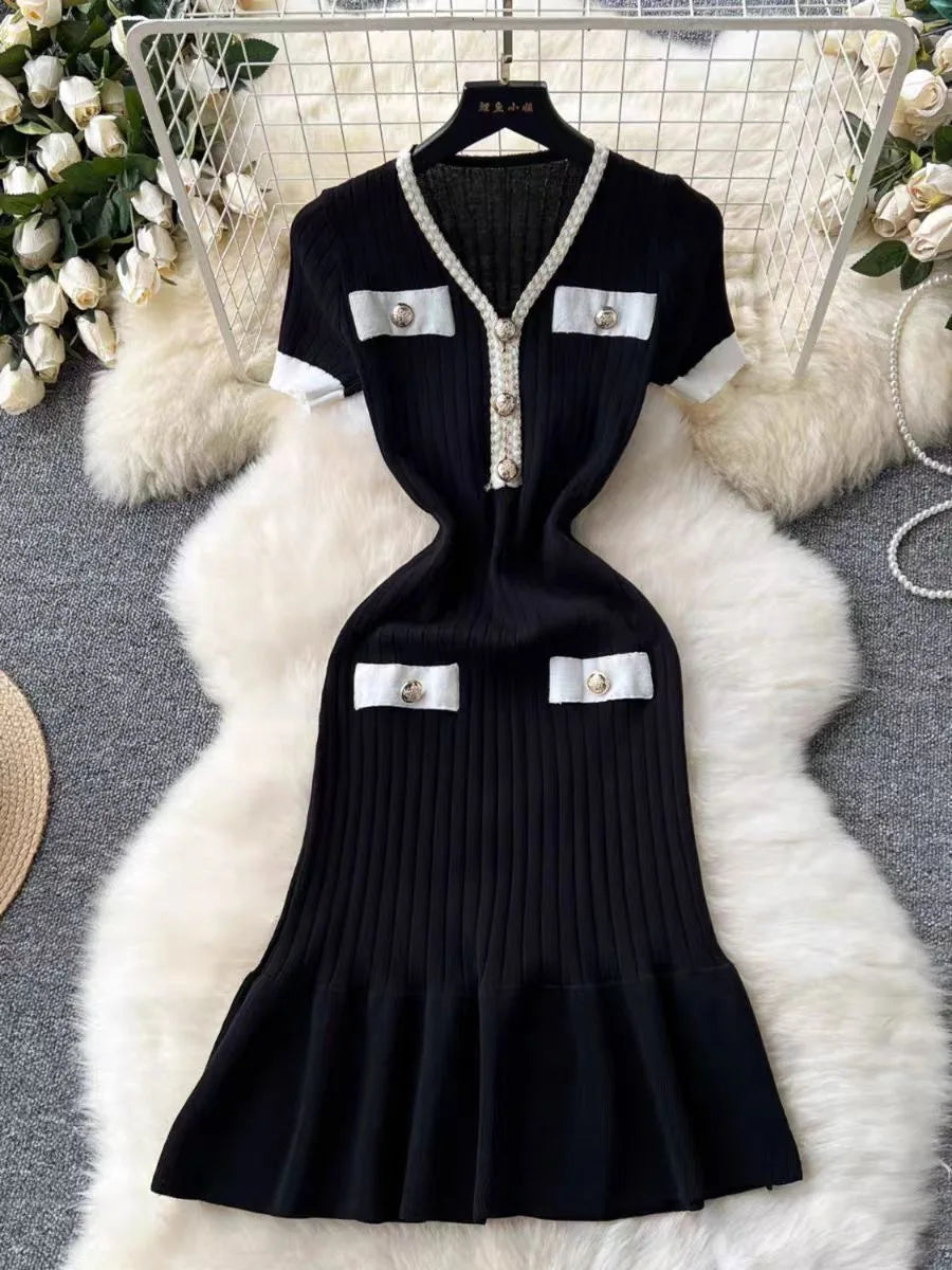 Summer Korean Patchwork V-neck Slim Ruffled Edge Pleated Short Sleeve Midi Dress Women Retro Festival Wrap Hip Knitted Dress Y2k