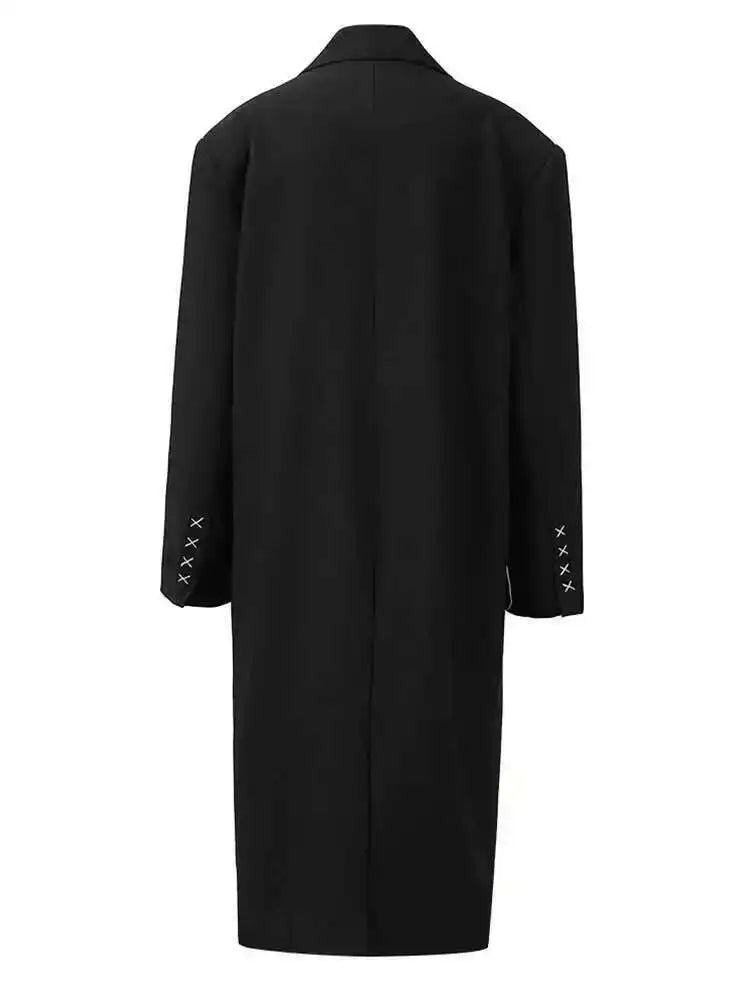 Women Black Topstitched Big Size Long Casual Blazer New Lapel Long Sleeve Jacket Fashion Tide Spring Autumn 2025 20A3504