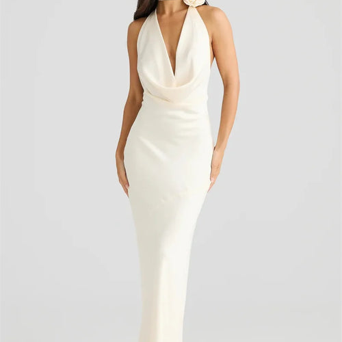 Load image into Gallery viewer, Satin Halter Backless Sexy Maxi Dress Women Gown Elegant Solid Sleeveless Lace-up High Waist Evening Club Long Dress
