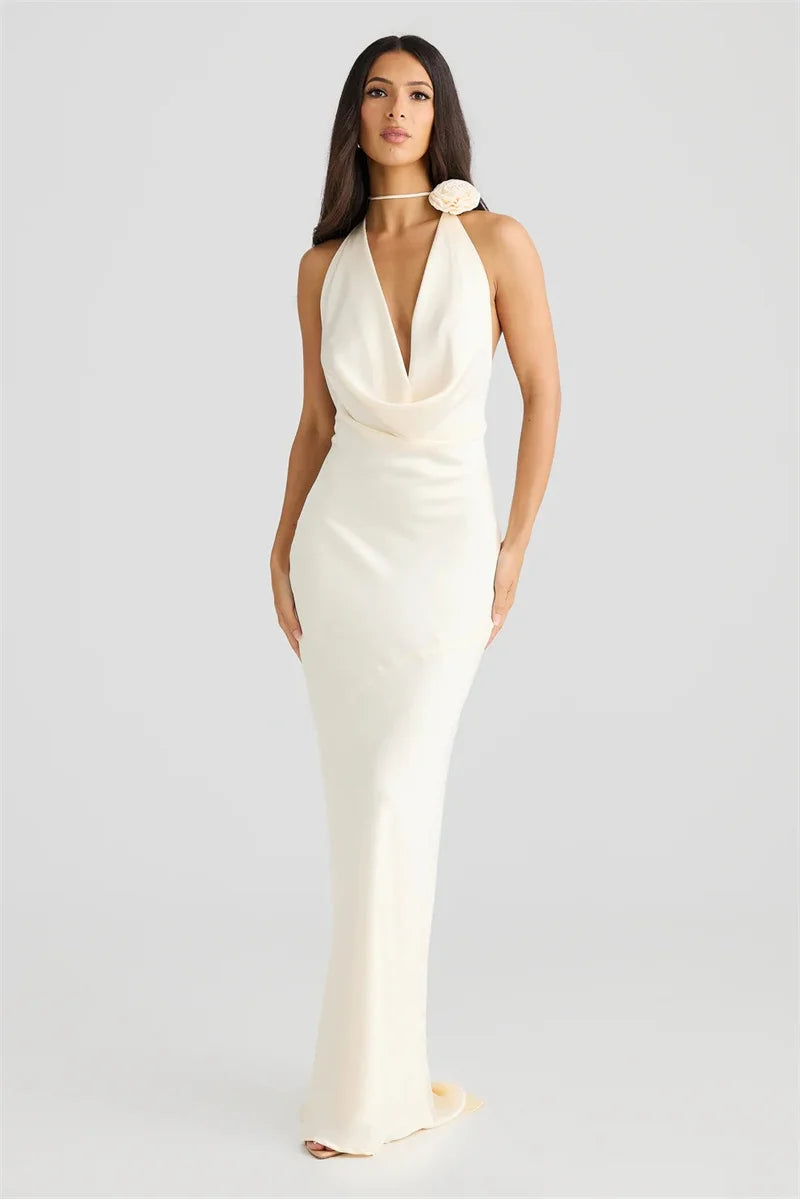 Satin Halter Backless Sexy Maxi Dress Women Gown Elegant Solid Sleeveless Lace-up High Waist Evening Club Long Dress