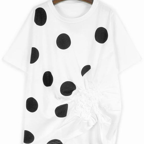 Load image into Gallery viewer, Women Gray Dot Printed Irregular Pleated Big Size T-shirt New Round Neck Short Sleeve Fashion Spring Summer 2025 1DJ1130
