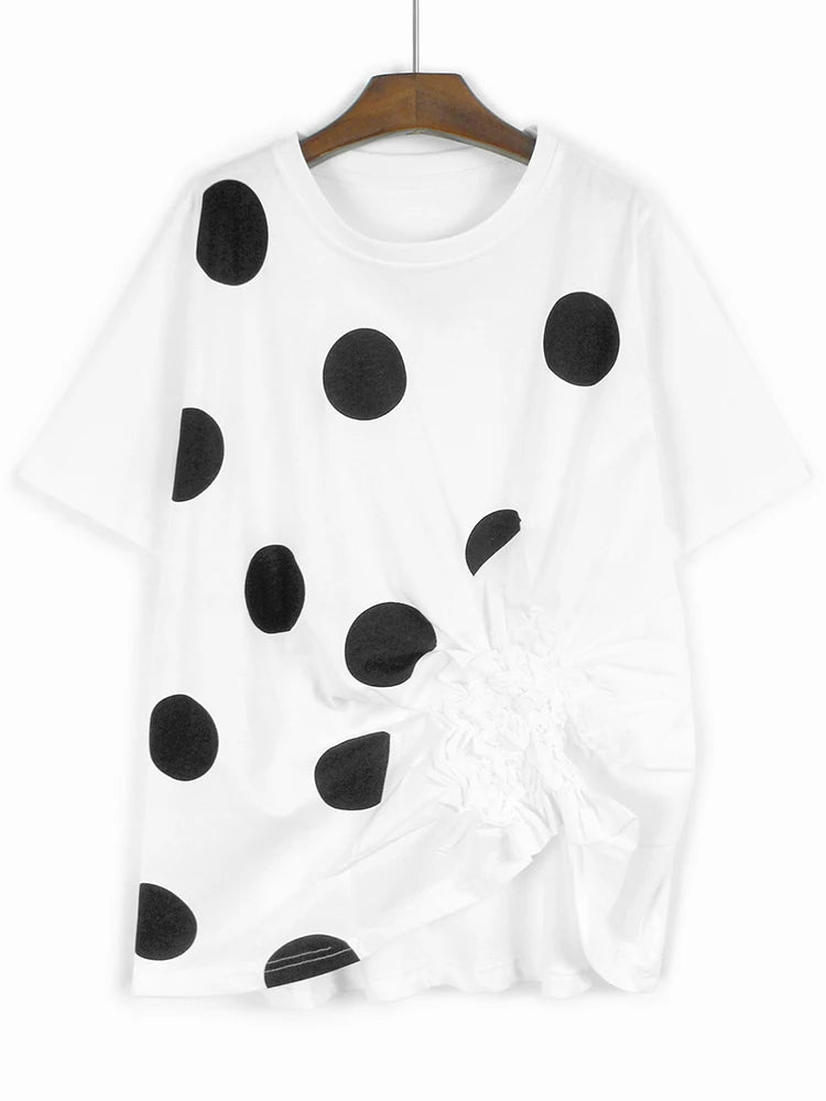 Women Gray Dot Printed Irregular Pleated Big Size T-shirt New Round Neck Short Sleeve Fashion Spring Summer 2025 1DJ1130