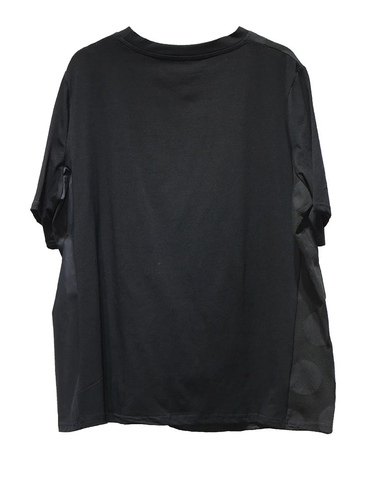 Women Black Dot Jacquard Pleated Big Size T-shirt New Round Neck Short Sleeve Fashion Tide Spring Summer 2025 1DJ1343