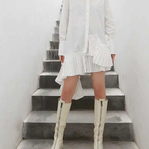 Load image into Gallery viewer, Women Black Pleated Irregular Casual Shirt Dress New Stand Collar Long Sleeve Loose Fit Fashion Spring Autumn 2025 1DF4825
