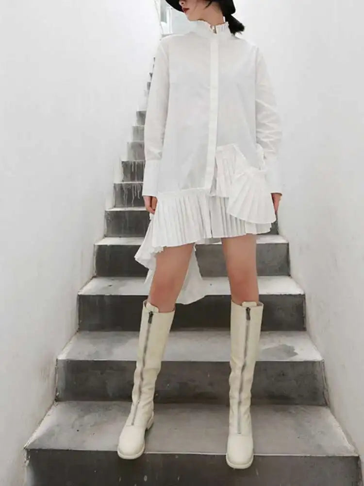 Women Black Pleated Irregular Casual Shirt Dress New Stand Collar Long Sleeve Loose Fit Fashion Spring Autumn 2025 1DF4825