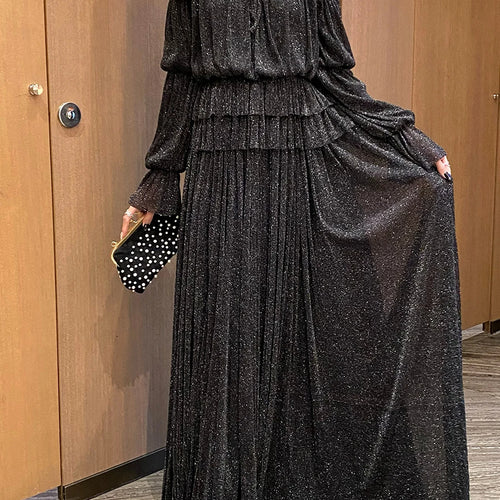 Load image into Gallery viewer, Solid Spliced Lace Up Loose Dresses For Women Slash Neck Long Sleeve High Waist Temperament Long Dress Female New
