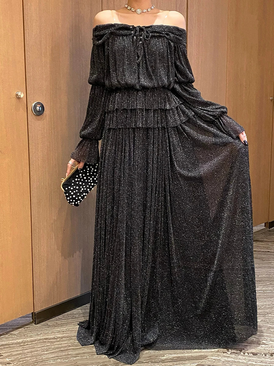 Solid Spliced Lace Up Loose Dresses For Women Slash Neck Long Sleeve High Waist Temperament Long Dress Female New