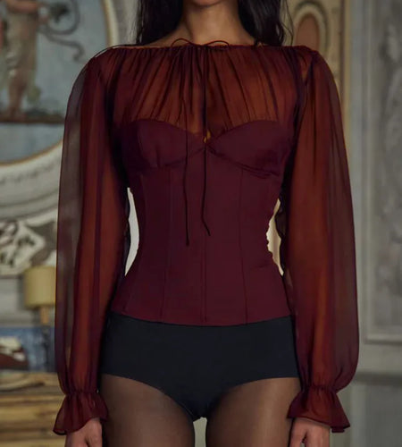 Elegant Long Sleeved Chiffon Patchwork Zipper Slimt Women T-shirt Top Sexy Backless Bandage Tight Top Autumn/winter 2025