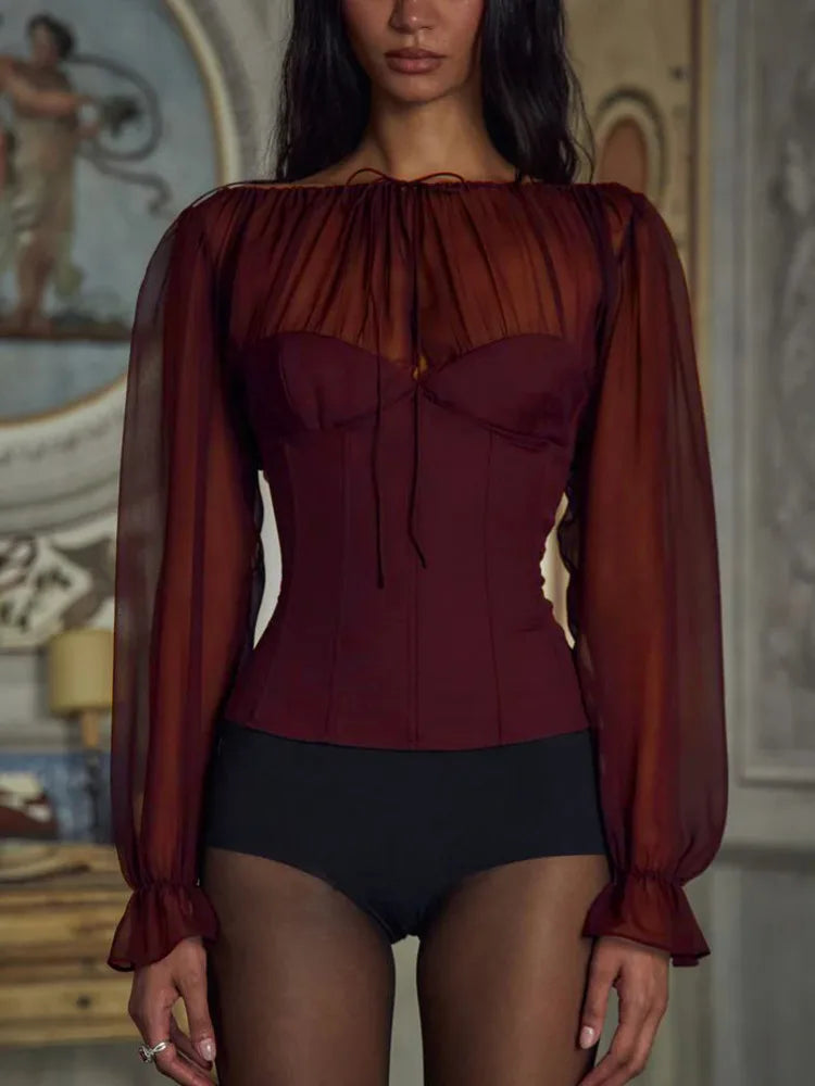 Elegant Long Sleeved Chiffon Patchwork Zipper Slimt Women T-shirt Top Sexy Backless Bandage Tight Top Autumn/winter 2025