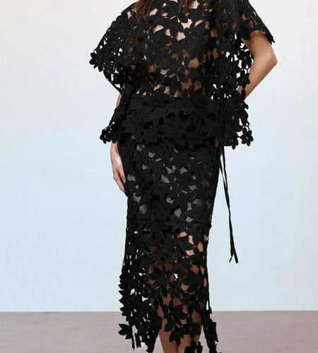 Solid Hollow Out Spliced Flower Two Piece Sets for Women Round Neck Short Sleeves Blouse High Waist Skirt Set Female