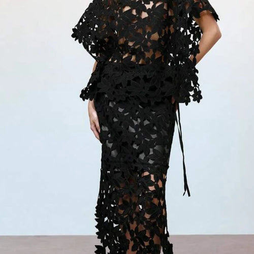 Load image into Gallery viewer, Solid Hollow Out Spliced Flower Two Piece Sets for Women Round Neck Short Sleeves Blouse High Waist Skirt Set Female
