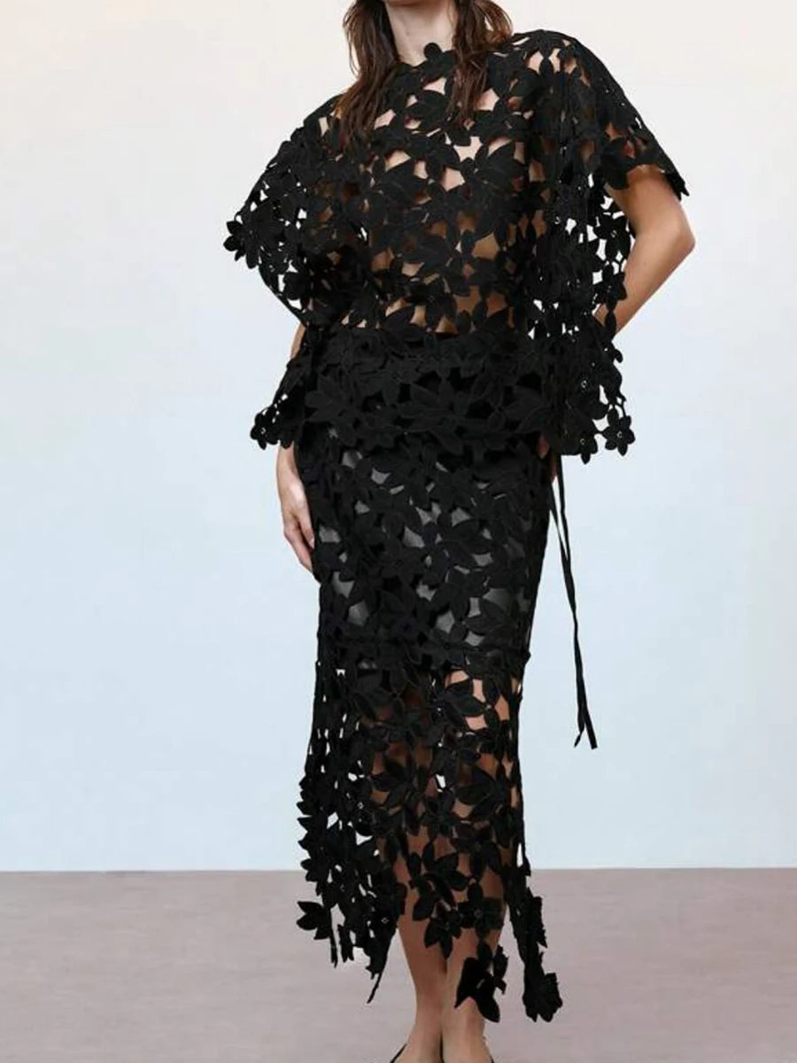 Solid Hollow Out Spliced Flower Two Piece Sets for Women Round Neck Short Sleeves Blouse High Waist Skirt Set Female