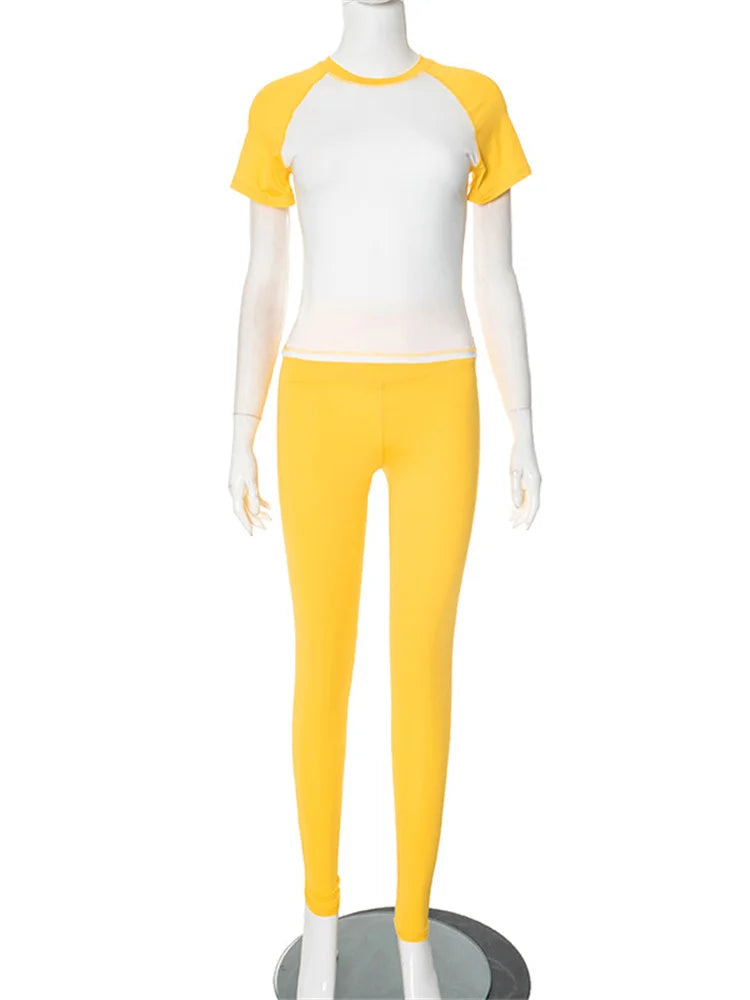 Simple Casual Sporty 2 Piece Set Women Contrast Patchwork Short Sleeve T-Shirts+Skinny Stretch Sweatpants Fit Tracksuits