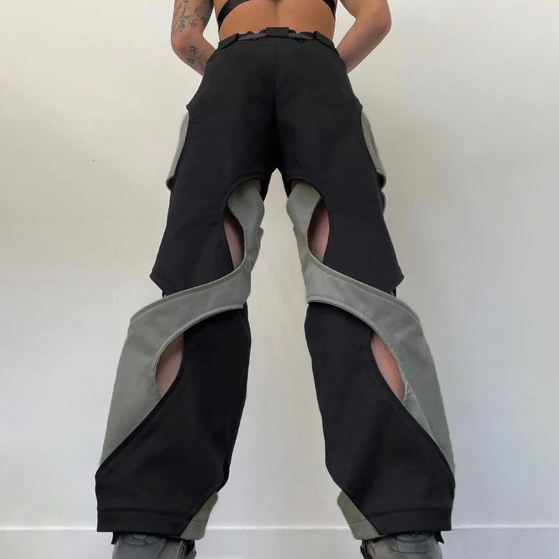 Harajuku Patchwork Hip Hop Cut Out Women Trousers Streetwear Contrast Color Design Track Pants Casual Retro Clothing