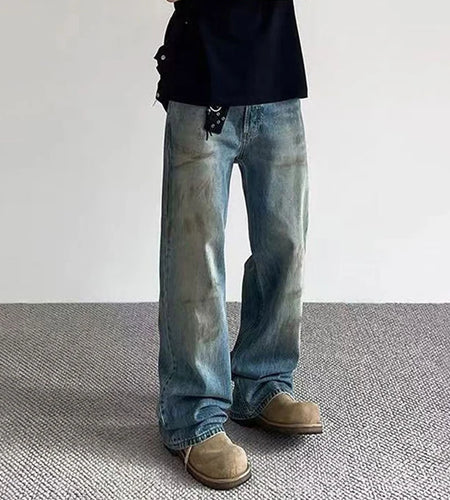 American Male Jeans High Street Design Tie Dye Make Old Style Denim Pants Slight Flared Fashion Men's Trousers 9W1481