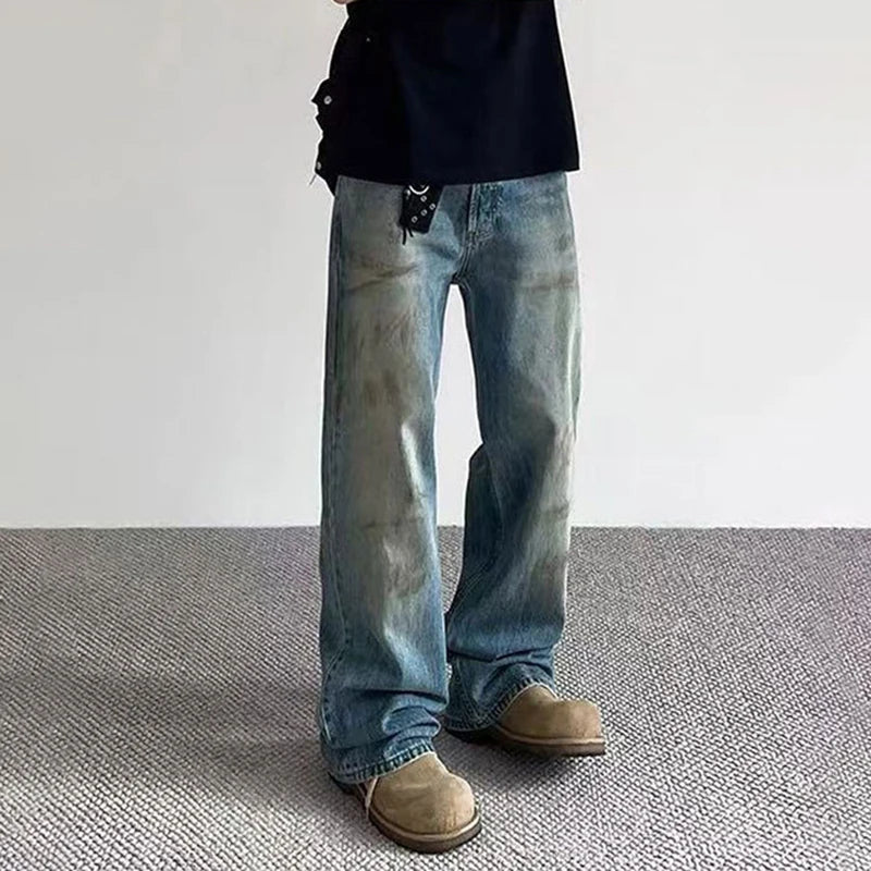 American Male Jeans High Street Design Tie Dye Make Old Style Denim Pants Slight Flared Fashion Men's Trousers 9W1481