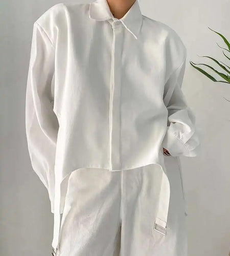 Women White Shoulder Padded Irregular Big Size Blouse New Lapel Long Sleeve Shirt Fashion Tide Spring Autumn 2025 1DF1466