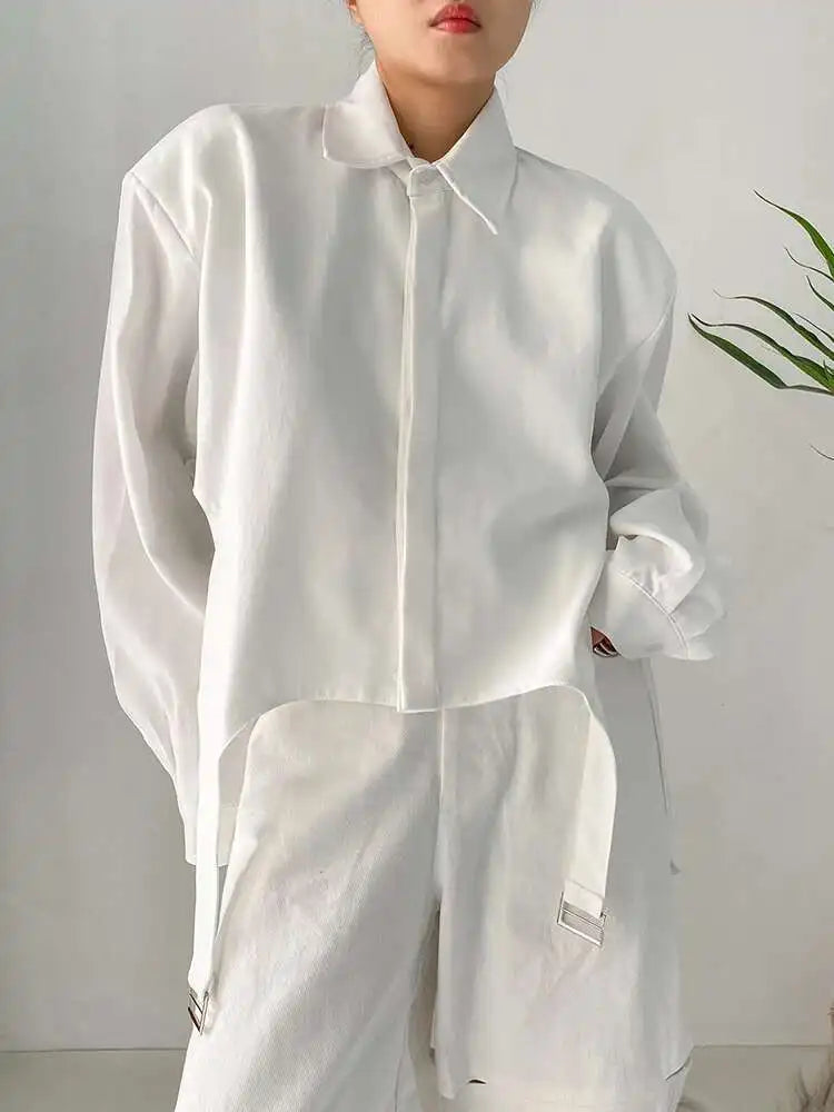 Women White Shoulder Padded Irregular Big Size Blouse New Lapel Long Sleeve Shirt Fashion Tide Spring Autumn 2025 1DF1466