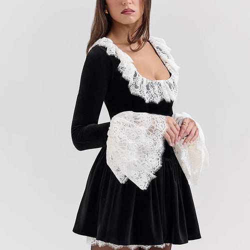 Load image into Gallery viewer, Lace Flare Long Sleeve Sexy Mini Dress Women Black Fashion Square Collar High Waist Pleated Club Party Dress Elegant
