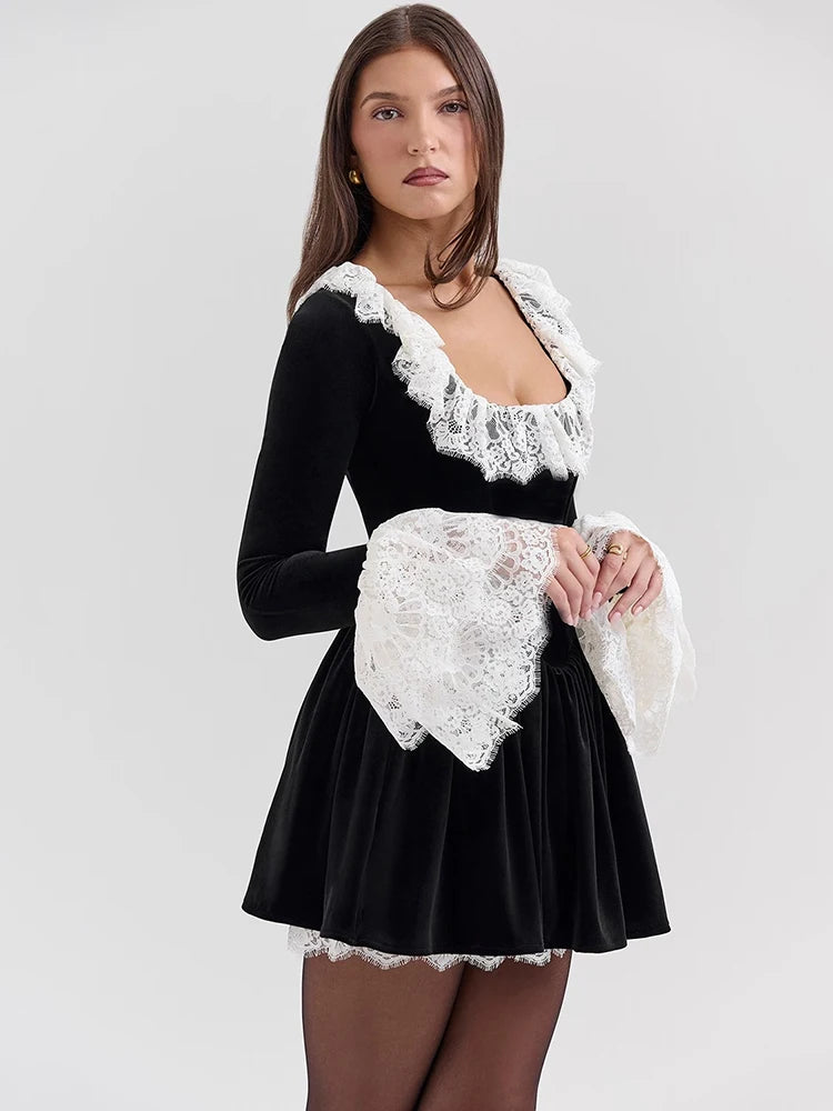 Lace Flare Long Sleeve Sexy Mini Dress Women Black Fashion Square Collar High Waist Pleated Club Party Dress Elegant
