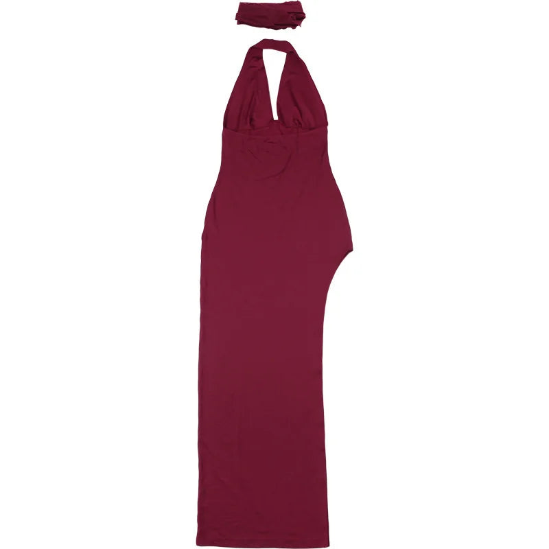 Scarf Collar Backless Sexy Maxi Dress Women Gown Fashion Halter Deep V Neck Thigh High Split Bodycon Long Dress