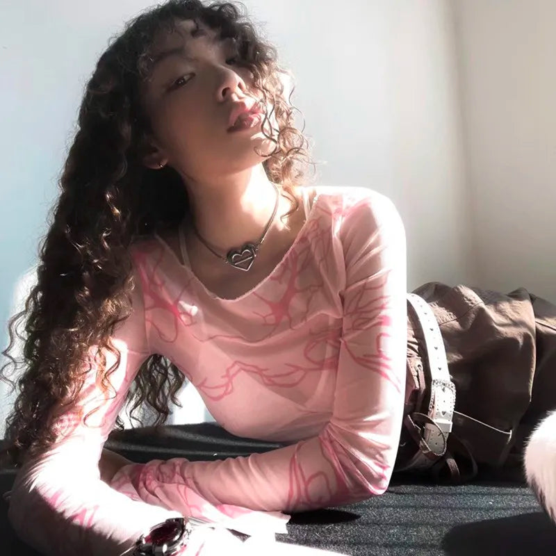 Y2k Aesthetics Mesh Tops Grunge Fairycore Flare Sleeve Crop Top Harajuku See Though T-shirt Korean Chic Designer Clothes