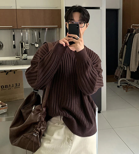 Knitting Tops Men's V-neck Solid Color Vintage Solid Color Sweater Pullover Korean Style Loose Male Knits New Autumn 9C9320