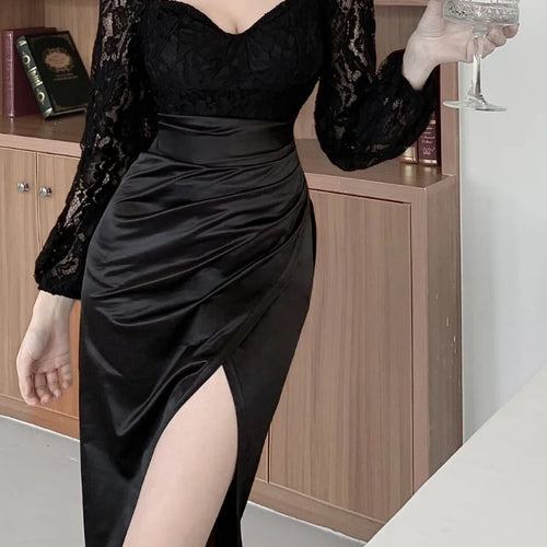 Load image into Gallery viewer, Sexy Black Lace Dresses Elegant Formal Prom Evening Party Vintage Retro Bodycon Long Sleeve Split Dress
