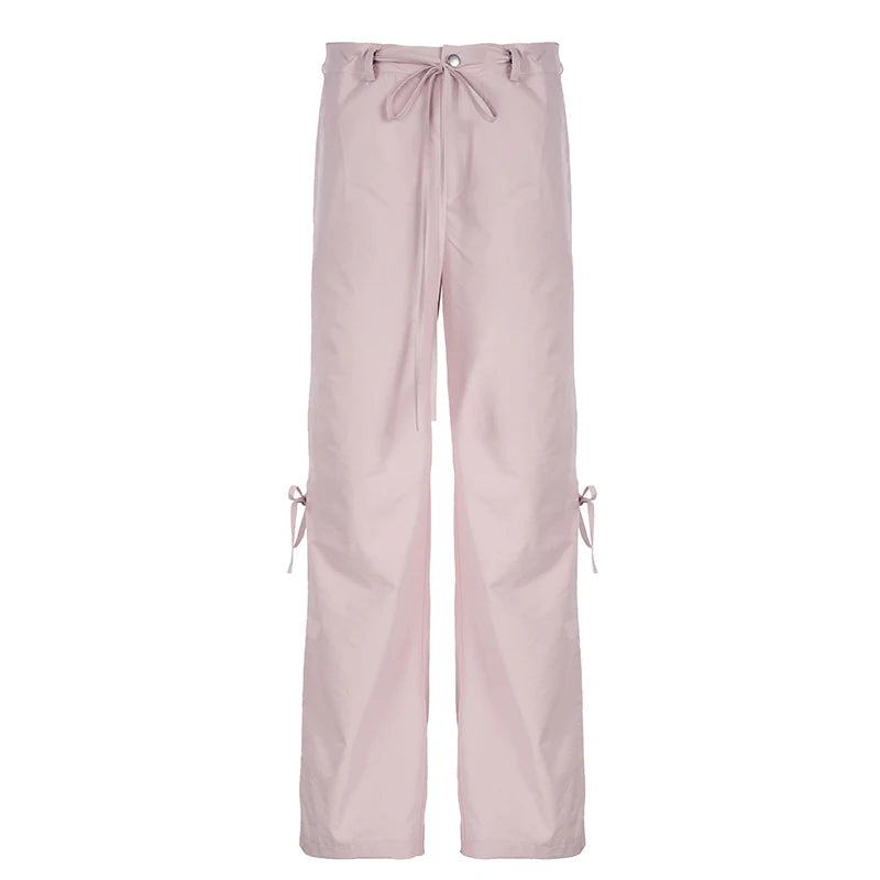 Korean Fashion Straight Leg Pink Women Trousers Bow Tie-Up Harajuku Pants Girls Solid Cute Coquette Capris Sweatpants