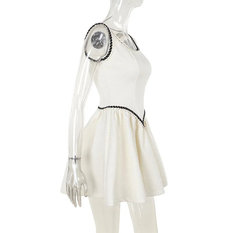 Sleeveless A-line Sexy Mini Dress For Women White Spaghetti Strap Sleeveless Backless Pleated Club Party Dress Clubwear