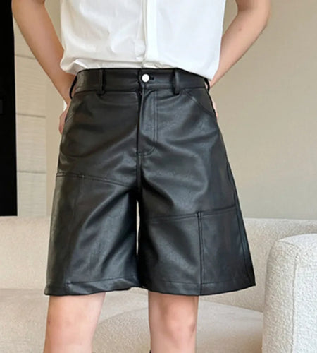 Niche Style Men's Shorts Casual Leather Straight Male Trousers Wide Leg Loose Bottom Stylish Pockets Summer 9C6373