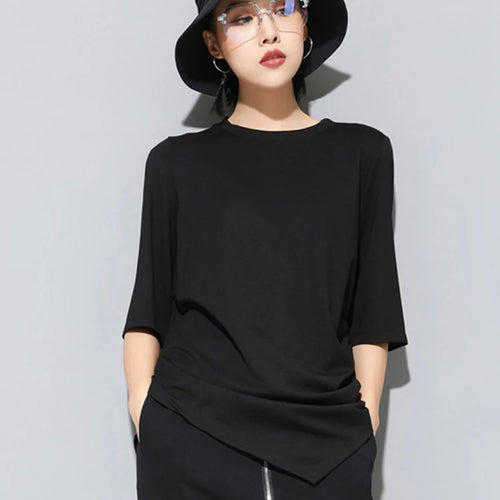 Load image into Gallery viewer, Women Black Irregular Pleated Big Size Casual T-shirt New Round Neck Half Sleeve Fashion Tide Spring Summer 2025 1DJ1831

