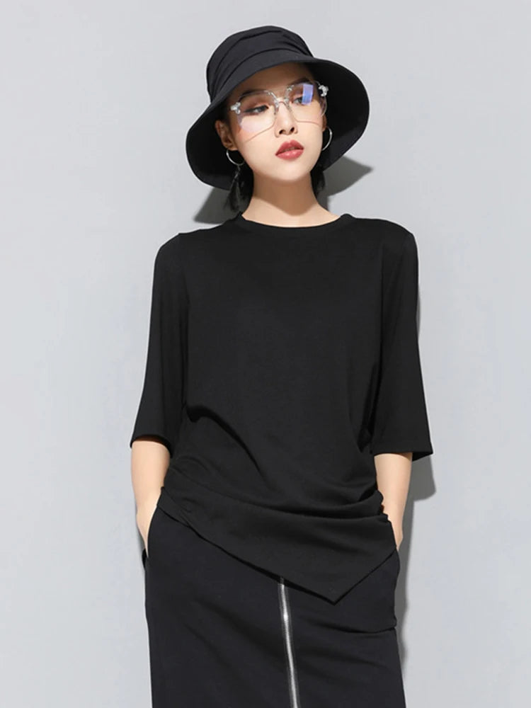 Women Black Irregular Pleated Big Size Casual T-shirt New Round Neck Half Sleeve Fashion Tide Spring Summer 2025 1DJ1831