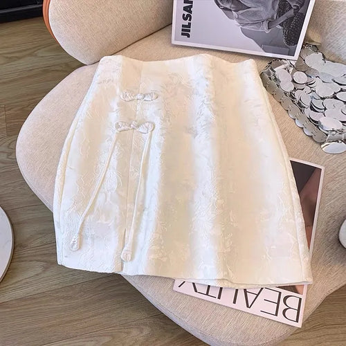 Load image into Gallery viewer, Chinese Style Vintage White Elegant Split Mini Skirt Spring Summer Fashion Black High Waist Party Short Skirt Women Clothing New
