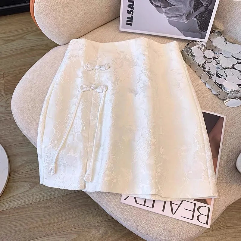 Chinese Style Vintage White Elegant Split Mini Skirt Spring Summer Fashion Black High Waist Party Short Skirt Women Clothing New